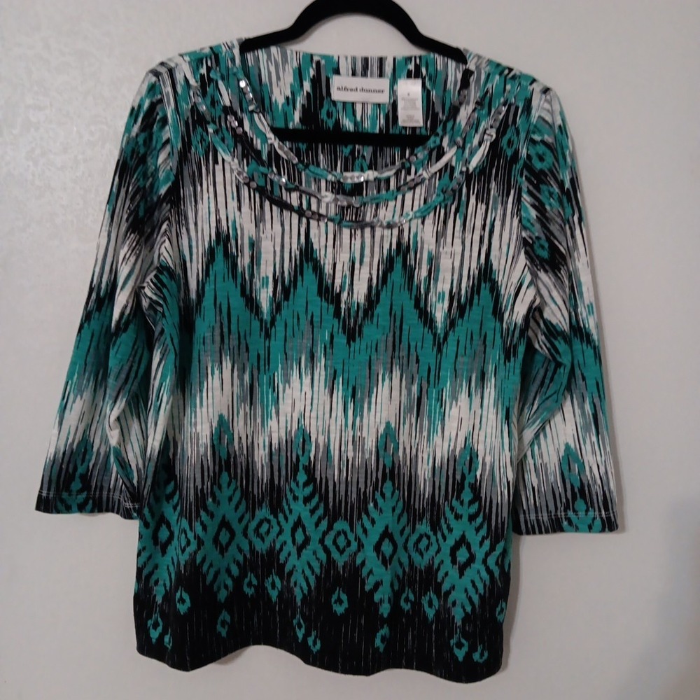 Alfred Dunner Women's Blouse Sz S 3/4 Sleeve Green/Gray/White Sequined...